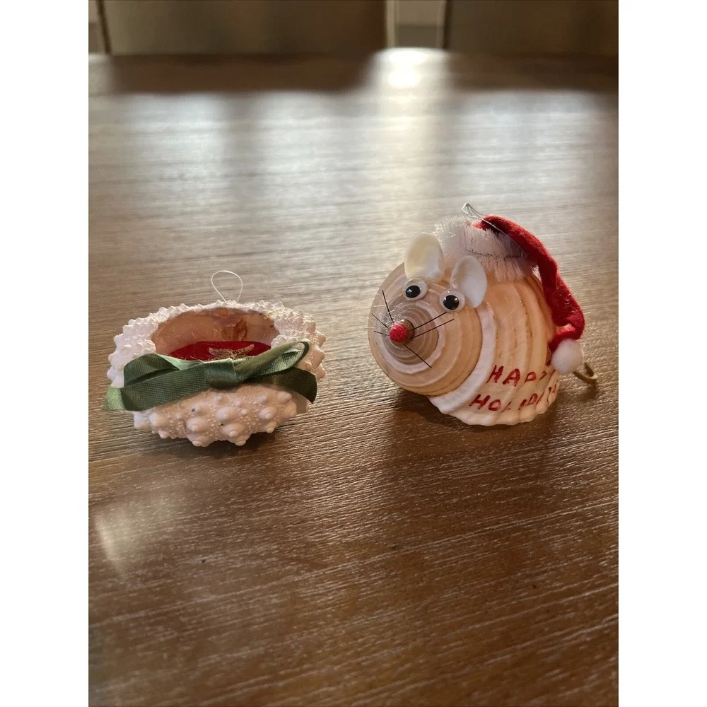 Lot Of 2 Vintage Real Sea Shell Mouse Christmas Ornament Handmade